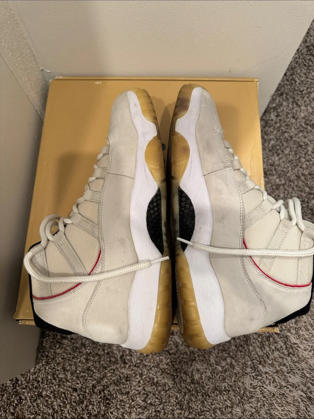 Jordan 11 Men's High-Top Sneakers in Off-White, Gum & Red Accents